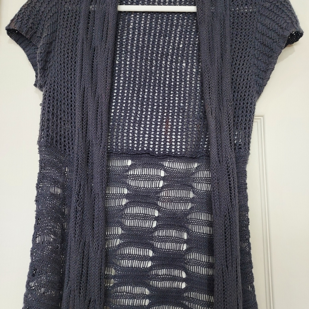 CAbi dark gray crocheted open long sweater